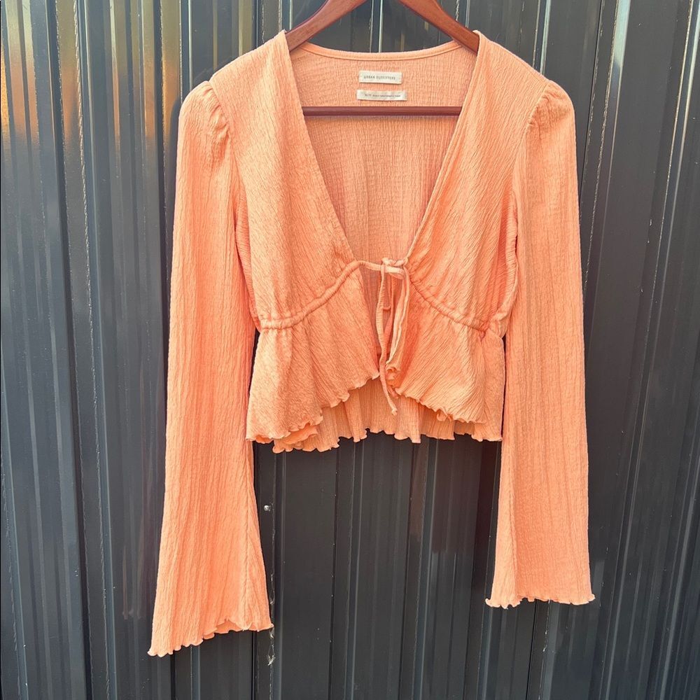 Urban Outfitters Coral Peach Flared Bell Cropped Sleeve Blouse Coastal Boho - Picture 2 of 7